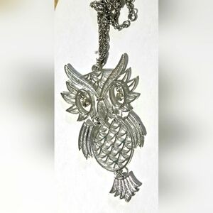 Silver Owl Pendant Necklace With Rhinestone Eyes